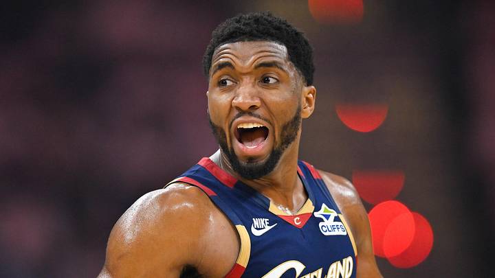 May 23, 2026; Cleveland, Ohio, USA; Cleveland Cavaliers guard Donovan Mitchell (45) reacts in the third quarter against the New York Knicks during game three of the eastern conference finals for the 2026 NBA playoffs at Rocket Arena. Mandatory Credit: David Richard-Imagn Images