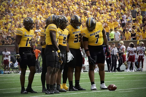 The Missouri Tigers' defense waits for the Boston College Eagles to line up on offense in the second quarter.