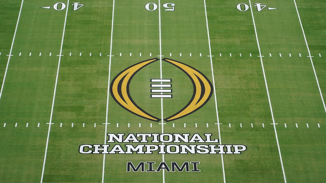 Jan 19, 2026; Miami Gardens, FL, USA; A general view of the center field logo before the CFP National Championship college football game between the Indiana Hoosiers and the Miami Hurricanes at Hard Rock Stadium.