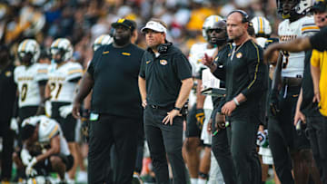 Oct 26, 2024; Tuscaloosa, Alabama, USA; Missouri Tigers head coach Eliah Drinkwitz looks on from the sideline during the fourth quarter against the Alabama Crimson Tide at Bryant-Denny Stadium. Mandatory Credit: Will McLelland-Imagn Images