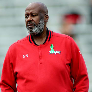 Sep 21, 2024; College Park, Maryland, USA; Maryland Terrapins head coach Mike Locksley pictured before a game against the Villanova Wildcats at SECU Stadium. 