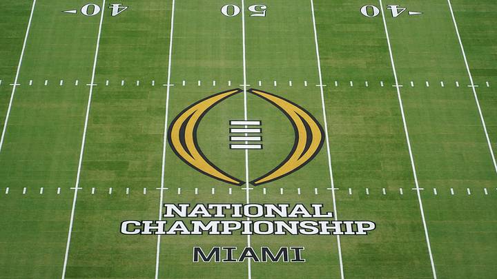 Jan 19, 2026; Miami Gardens, FL, USA; A general view of the center field logo before the CFP National Championship college football game between the Indiana Hoosiers and the Miami Hurricanes at Hard Rock Stadium. Mandatory Credit: James Lang-Imagn Images