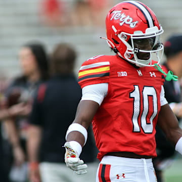 Sep 21, 2024; College Park, Maryland, USA; Maryland Terrapins wide receiver Tai Felton (10) in action before a game against the Villanova Wildcats at SECU Stadium.