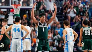 Michigan State Spartans guard Jeremy Fears Jr. (1) hypes up the crowd during the second half of the Fort Myers Tip-Off Beach Division game against the North Carolina Tar Heels at Suncoast Credit Union Arena on Fort Myers, Fla., on Thursday, Nov. 27, 2025.