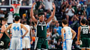 Michigan State Spartans guard Jeremy Fears Jr. (1) hypes up the crowd during the second half of the Fort Myers Tip-Off Beach Division game against the North Carolina Tar Heels at Suncoast Credit Union Arena on Fort Myers, Fla., on Thursday, Nov. 27, 2025.