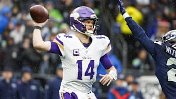 Minnesota Vikings quarterback Sam Darnold passes against the Seattle Seahawks.