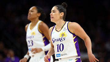 Sep 9, 2025; Phoenix, Arizona, USA; Los Angeles Sparks guard Kelsey Plum (10) against the Phoenix Mercury during a WNBA game at PHX Arena. Mandatory Credit: Mark J. Rebilas-Imagn Images