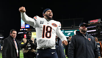 Nov 28, 2025; Philadelphia, Pennsylvania, USA; Chicago Bears quarterback Caleb Williams (18) celebrates after the game against the Philadelphia Eagles at Lincoln Financial Field. Mandatory Credit: Eric Hartline-Imagn Images