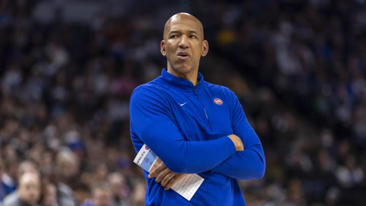 Mar 27, 2024; Minneapolis, Minnesota, USA; Detroit Pistons head coach Monty Williams looks on against the Minnesota Timberwolves in the second half at Target Center.