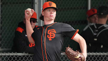 Feb 13, 2025; Scottsdale, AZ, USA; San Francisco Giants pitcher Hayden Birdsong (60) throws in the bullpen during spring training camp. 