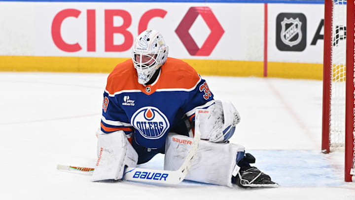Mar 17, 2026; Edmonton, Alberta, CAN; Edmonton Oilers goalie Connor Ingram (39) is seen out on the ice in a game against the San Jose Sharks during the second period at Rogers Place. Mandatory Credit: Walter Tychnowicz-Imagn Images