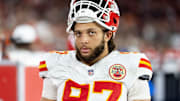 Aug 9, 2025; Glendale, Arizona, USA; Kansas City Chiefs defensive end Ashton Gillotte (97) against the Arizona Cardinals during a preseason NFL game at State Farm Stadium. Mandatory Credit: Mark J. Rebilas-Imagn Images