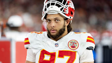 Aug 9, 2025; Glendale, Arizona, USA; Kansas City Chiefs defensive end Ashton Gillotte (97) against the Arizona Cardinals during a preseason NFL game at State Farm Stadium. Mandatory Credit: Mark J. Rebilas-Imagn Images
