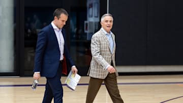 Jun 10, 2025; Scottsdale, AZ, USA; Phoenix Suns head coach Jordan Ott (left) and general manager Brian Gregory arrive for an introductory press conference at the Verizon 5g Performance Center. Mandatory Credit: Mark J. Rebilas-Imagn Images