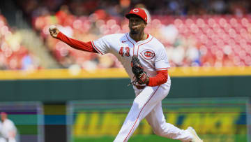 Jul 7, 2024; Cincinnati, Ohio, USA; Cincinnati Reds relief pitcher Alexis Diaz (43) pitches against the Detroit Tigers in the eighth inning at Great American Ball Park. Mandatory Credit: Katie Stratman-USA TODAY Sports