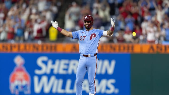 Philadelphia Phillies outfielder Weston Wilson (37) reacts after hitting a double during the eighth inning to complete the cycle against the Washington Nationals at Citizens Bank Park on Aug 15.