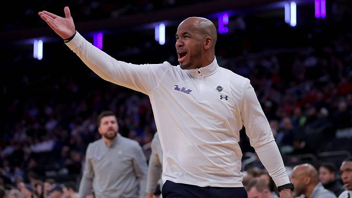 Mar 12, 2026; New York, NY, USA; Seton Hall Pirates head coach Shaheen Holloway coaches against the Creighton Bluejays during the first half at Madison Square Garden. Mandatory Credit: Brad Penner-Imagn Images