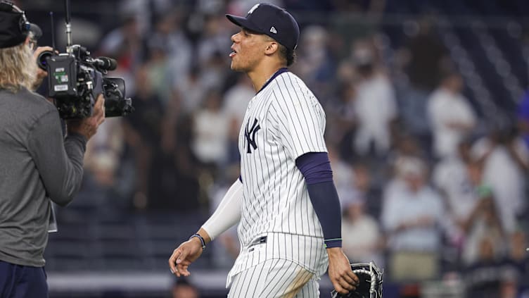 Jun 5, 2024; Bronx, New York, USA; New York Yankees right fielder Juan Soto (22) reacts after the game against the Minnesota Twins at Yankee Stadium. Mandatory Credit: Vincent Carchietta-USA TODAY Sports