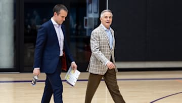 Jun 10, 2025; Scottsdale, AZ, USA; Phoenix Suns head coach Jordan Ott (left) and general manager Brian Gregory arrive for an introductory press conference at the Verizon 5g Performance Center. Mandatory Credit: Mark J. Rebilas-Imagn Images