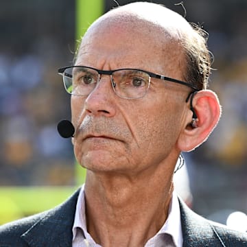 Oct 5, 2024; College Station, Texas, USA; SEC Nation analyst Paul Finebaum looks on prior to the game between the Texas A&M Aggies and the Missouri Tigers at Kyle Field. Mandatory Credit: Maria Lysaker-Imagn Images. 