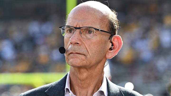 Oct 5, 2024; College Station, Texas, USA; SEC Nation analyst Paul Finebaum looks on prior to the game between the Texas A&M Aggies and the Missouri Tigers at Kyle Field. Mandatory Credit: Maria Lysaker-Imagn Images. Oct 5, 2024; College Station, Texas, USA; SEC Nation analyst Paul Finebaum looks on prior to the game between the Texas A&M Aggies and the Missouri Tigers at Kyle Field. Mandatory Credit: Maria Lysaker-Imagn Images.
