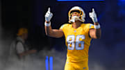 Oct 19, 2025; Inglewood, California, USA; Los Angeles Chargers tight end Oronde Gadsden (86) enters the field before the game against the Indianapolis Colts at SoFi Stadium.