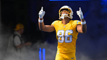 Oct 19, 2025; Inglewood, California, USA; Los Angeles Chargers tight end Oronde Gadsden (86) enters the field before the game against the Indianapolis Colts at SoFi Stadium.