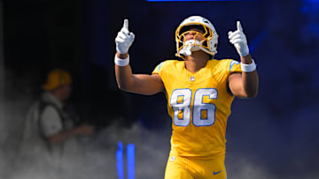 Los Angeles Chargers tight end Oronde Gadsden (86) enters the field before the game against the Indianapolis Colts at SoFi Stadium. 