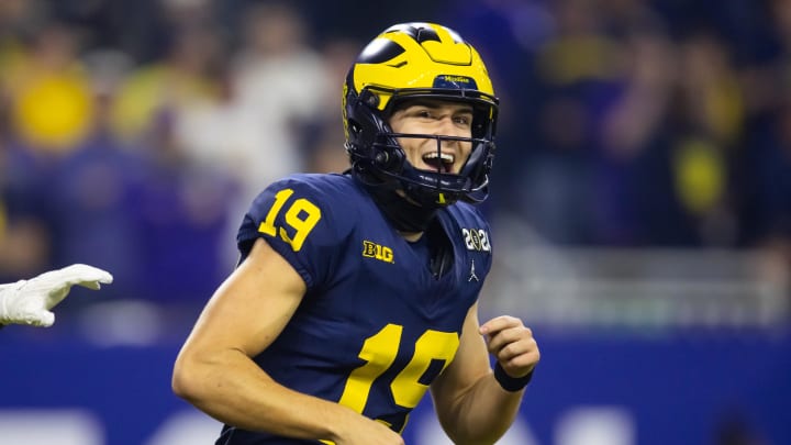 Jan 8, 2024; Houston, TX, USA; Michigan Wolverines kicker Tommy Doman (19) against the Washington Huskies during the 2024 College Football Playoff national championship game at NRG Stadium. Mandatory Credit: Mark J. Rebilas-USA TODAY Sports