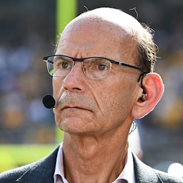 Oct 5, 2024; College Station, Texas, USA; SEC Nation analyst Paul Finebaum looks on prior to the game between the Texas A&M Aggies and the Missouri Tigers at Kyle Field. Mandatory Credit: Maria Lysaker-Imagn Images. 