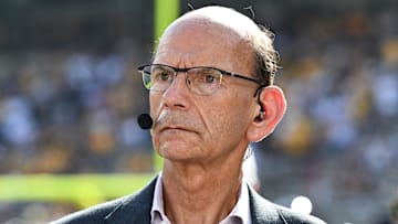 Oct 5, 2024; College Station, Texas, USA; SEC Nation analyst Paul Finebaum looks on prior to the game between the Texas A&M Aggies and the Missouri Tigers at Kyle Field. Mandatory Credit: Maria Lysaker-Imagn Images. 