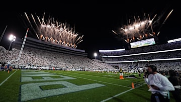Fireworks are seen prior to a game between the Penn State Nittany Lions and the Oregon Ducks at Beaver Stadium.