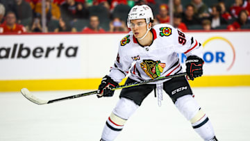 Nov 7, 2025; Calgary, Alberta, CAN; Chicago Blackhawks center Connor Bedard (98) skates against the Calgary Flames during the third period at Scotiabank Saddledome. Mandatory Credit: Sergei Belski-Imagn Images