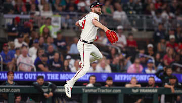  Atlanta Braves starting pitcher Chris Sale (51) looks to throw to first against the Arizona Diamondbacks in the fifth inning at Truist Park.