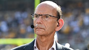 Oct 5, 2024; College Station, Texas, USA; SEC Nation analyst Paul Finebaum looks on prior to the game between the Texas A&M Aggies and the Missouri Tigers at Kyle Field. Mandatory Credit: Maria Lysaker-Imagn Images. 