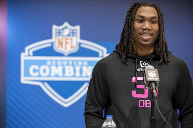 Virginia Tech CB Dorian Strong during the 2025 NFL Combine at Lucas Oil Stadium.
