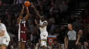 Nov 12, 2025; Nashville, Tennessee, USA;  Eastern Kentucky Colonels guard Tyler Jackson (2) shoots over  Vanderbilt Commodores guard Duke Miles (2) as the shot clock runs out during the second half at Memorial Gymnasium. Mandatory Credit: Steve Roberts-Imagn Images