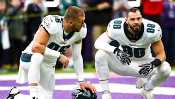 Oct 13, 2019; Minneapolis, MN, USA; Philadelphia Eagles tight end Zach Ertz (86) and tight end Dallas Goedert (88) talk before the start of a game against the Minnesota Vikings at U.S. Bank Stadium. Mandatory Credit: David Berding-Imagn Images