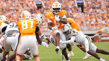 Tennessee running back Star Thomas (9) finds his way into the end zone and scores during the NCAA college football game against ETSU on September 6, 2025, in Knoxville, Tennessee.
