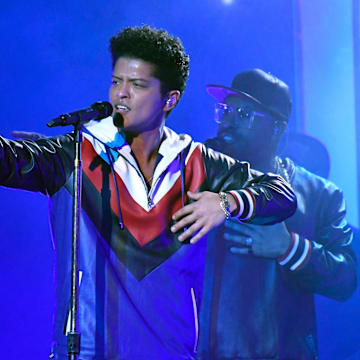 Feb 12, 2017; Los Angeles, CA, USA; Bruno Mars performs during the 59th Annual Grammy Awards at Staples Center. Mandatory Credit: Robert Hanashiro-USA TODAY NETWORK