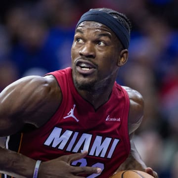 Apr 17, 2024; Philadelphia, Pennsylvania, USA; Miami Heat forward Jimmy Butler (22) drives against against the Philadelphia 76ers during the first quarter of a play-in game of the 2024 NBA playoffs at Wells Fargo Center. Mandatory Credit: Bill Streicher-USA TODAY Sports