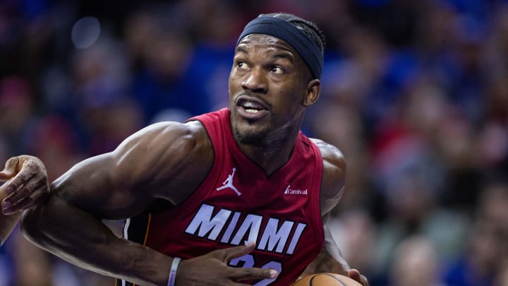 Apr 17, 2024; Philadelphia, Pennsylvania, USA; Miami Heat forward Jimmy Butler (22) drives against against the Philadelphia 76ers during the first quarter of a play-in game of the 2024 NBA playoffs at Wells Fargo Center. Mandatory Credit: Bill Streicher-USA TODAY Sports