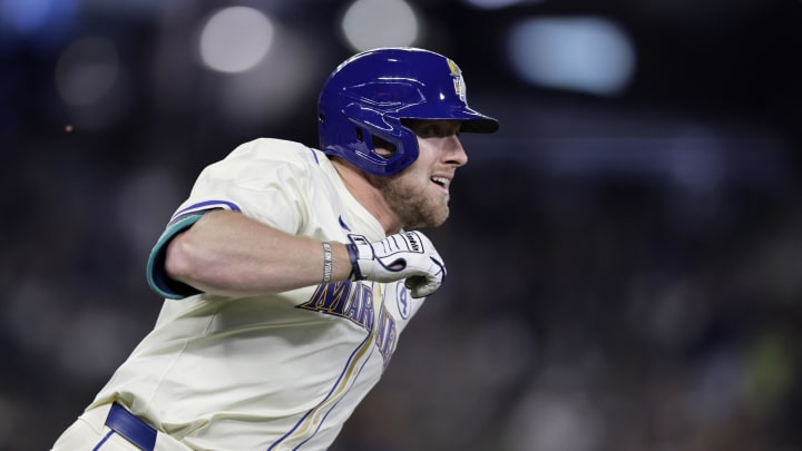 Seattle Mariners left fielder Luke Raley (20) watches his home run ball fly against the Los Angeles Angels during the fourth inning at T-Mobile Park on June 2.