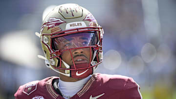 Oct 11, 2025; Tallahassee, Florida, USA; Florida State Seminoles quarterback Thomas Castellanos (1) before the game against the Pittsburgh Panthers at Doak S. Campbell Stadium. Mandatory Credit: Melina Myers-Imagn Images
