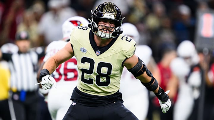 New Orleans Saints LB Danny Statesman (28) celebrates after a play against the Arizona Cardinals on Sep. 7, 2025
