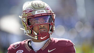 Oct 11, 2025; Tallahassee, Florida, USA; Florida State Seminoles quarterback Thomas Castellanos (1) before the game against the Pittsburgh Panthers at Doak S. Campbell Stadium. Mandatory Credit: Melina Myers-Imagn Images