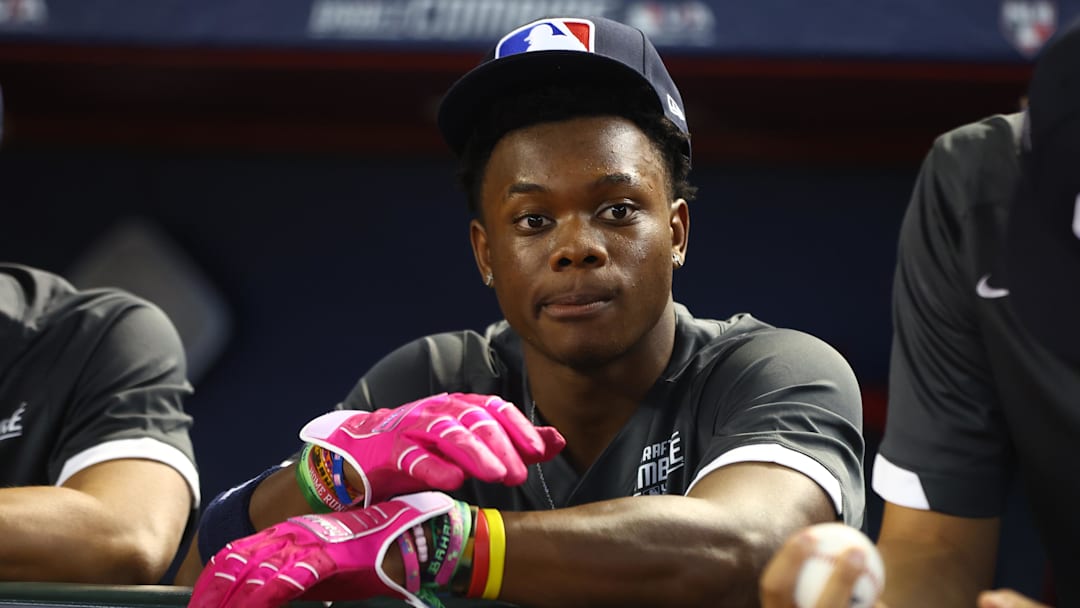 Jun 20, 2023; Phoenix, AZ, USA; Draft prospect Zyhir Hope during a high school baseball game at the MLB Draft Combine at Chase Field. Mandatory Credit: Mark J. Rebilas-Imagn Images