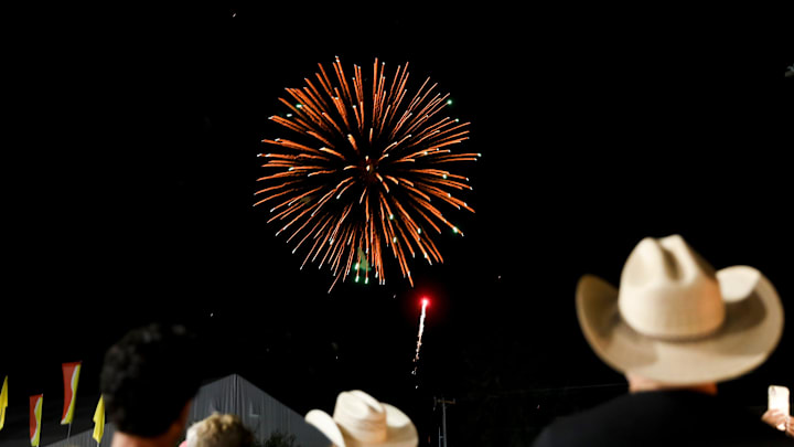 Fans watch the fireworks show Fans watch the fireworks show