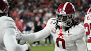 Nov 29, 2025; Auburn, Alabama, USA; Alabama linebacker Deontae Lawson (0) fires up his teammates before the 2025 Iron Bowl game with Auburn at Jordan-Hare Stadium. Mandatory Credit: Gary Cosby Jr.-Tuscaloosa News