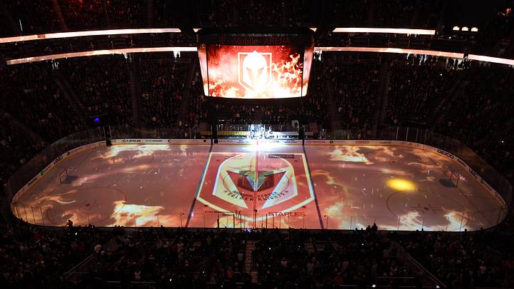 Nov 28, 2017; Las Vegas, NV, USA; A general view of the Vegas Golden Knights logo at center ice at T-Mobile Arena during an NHL hockey game between the Dallas Stars and the Vegas Golden Knights. Nov 28, 2017; Las Vegas, NV, USA; A general view of the Vegas Golden Knights logo at center ice at T-Mobile Arena during an NHL hockey game between the Dallas Stars and the Vegas Golden Knights.